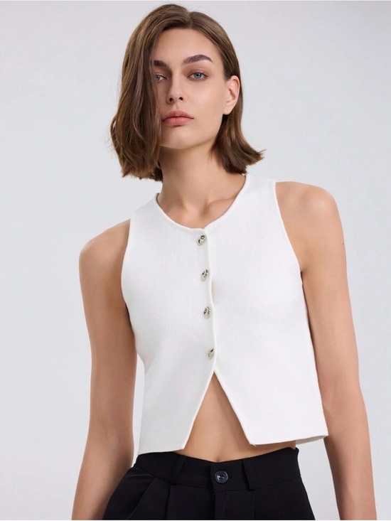 Tops - White Sleeveless Button-Front Knit Top